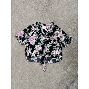 American Eagle Blouse Women Size Large Floral Collared Short Sleeve Button Down